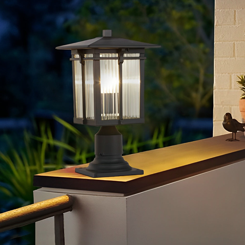 Striped Glass Shade LED Waterproof Black Modern Outdoor Post Lights - Dazuma