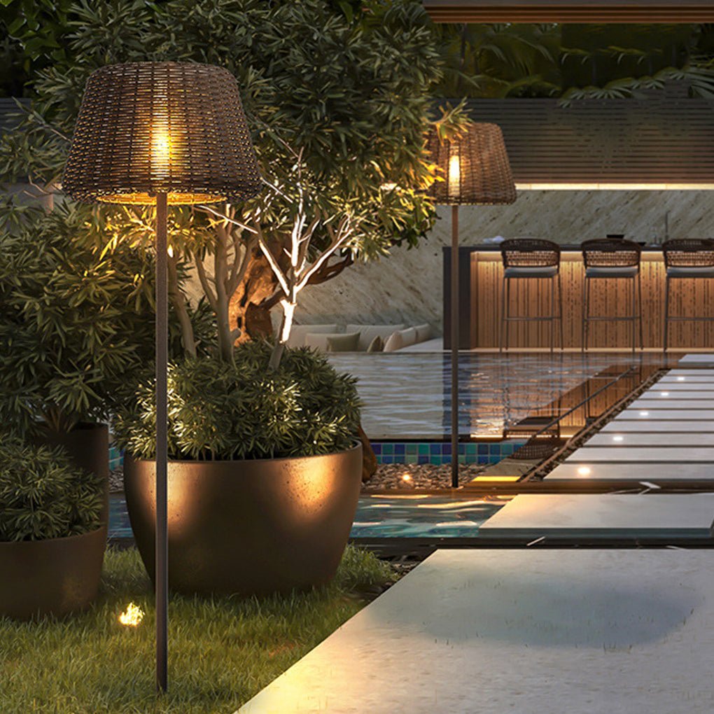 Elegant Rattan Shade LED Outdoor Floor Lamp Pendant Light with Stake and Open-Top Design - Lamp Outdoor