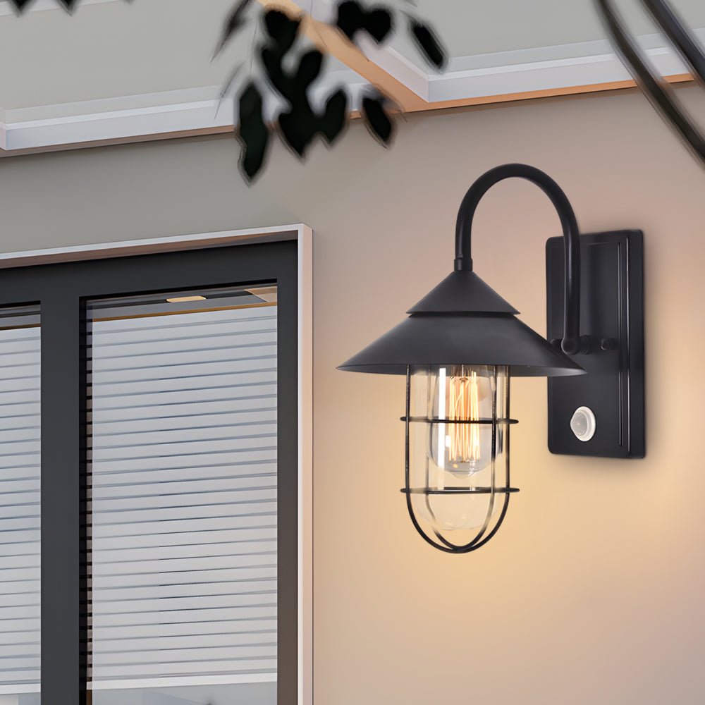 Retro Round Iron Glass Waterproof Motion Sensor Black Outdoor Wall Lights - Lamp Outdoor