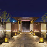 Traditional Asian Outdoor Light with Rectangular Frame and Patterned Lampshade