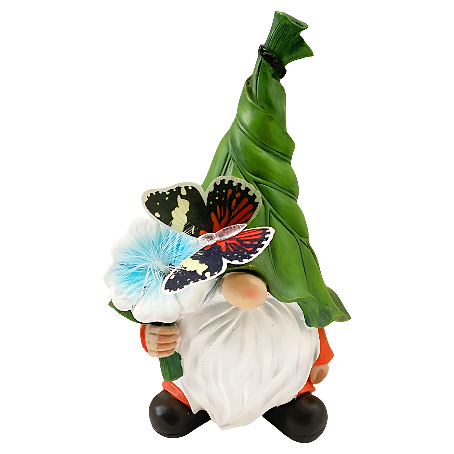 Garden gnome with green pointed hat holding illuminated blue flower and butterfly decoration