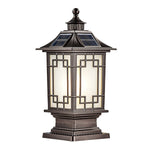 Mission-style post light with geometric glass panels and craftsman-inspired metalwork design