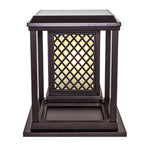 Angled view of contemporary outdoor light showing geometric panel construction and warm glow