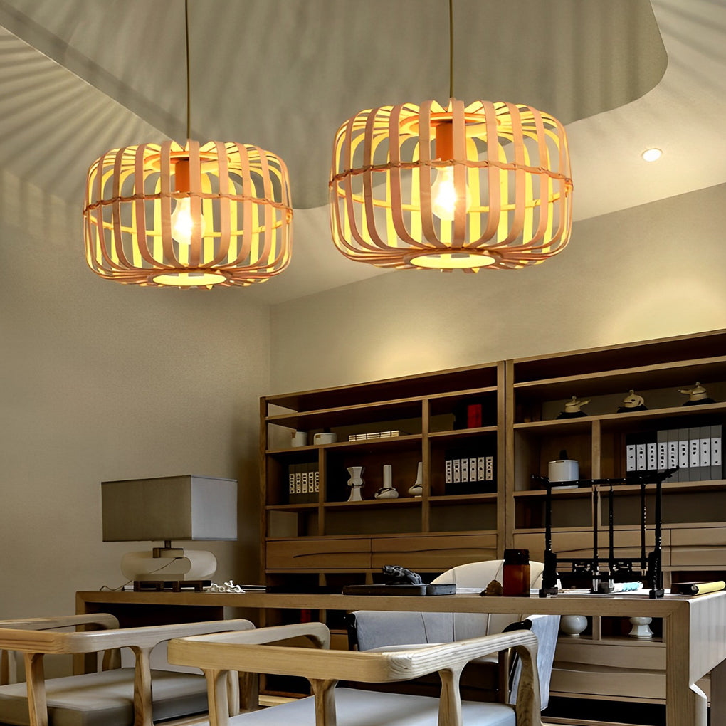 Circular Rectangle Bird Cage Pendant Light Burlywood Bamboo Ceiling Lights - Lamp Outdoor