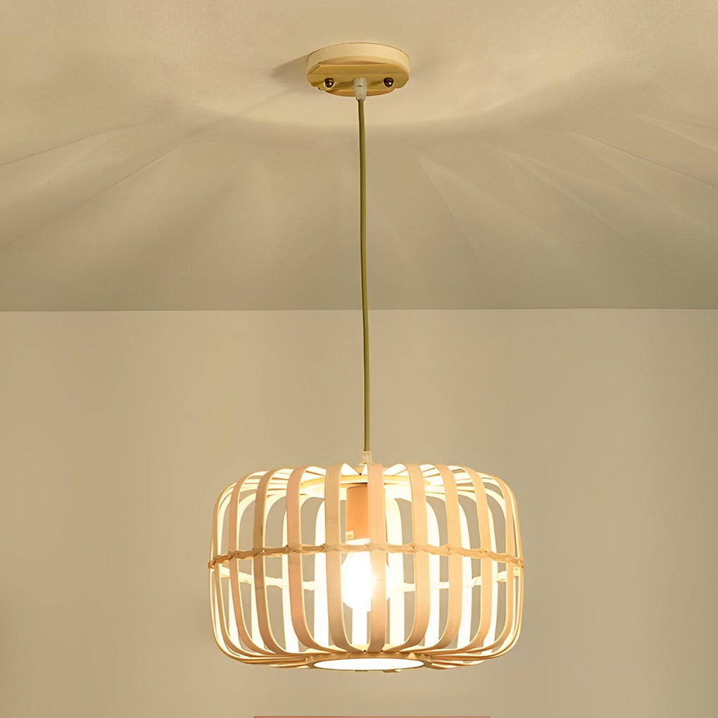 Circular Rectangle Bird Cage Pendant Light Burlywood Bamboo Ceiling Lights - Lamp Outdoor