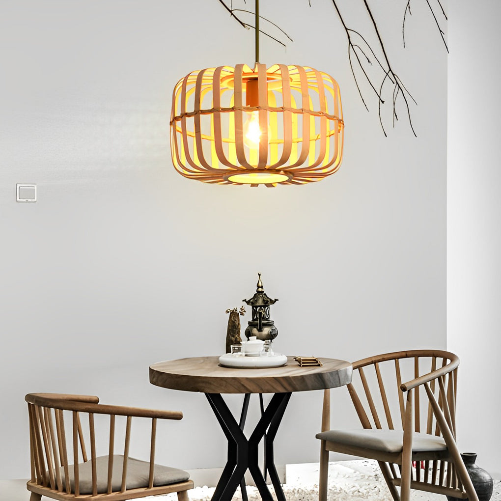 Circular Rectangle Bird Cage Pendant Light Burlywood Bamboo Ceiling Lights - Lamp Outdoor