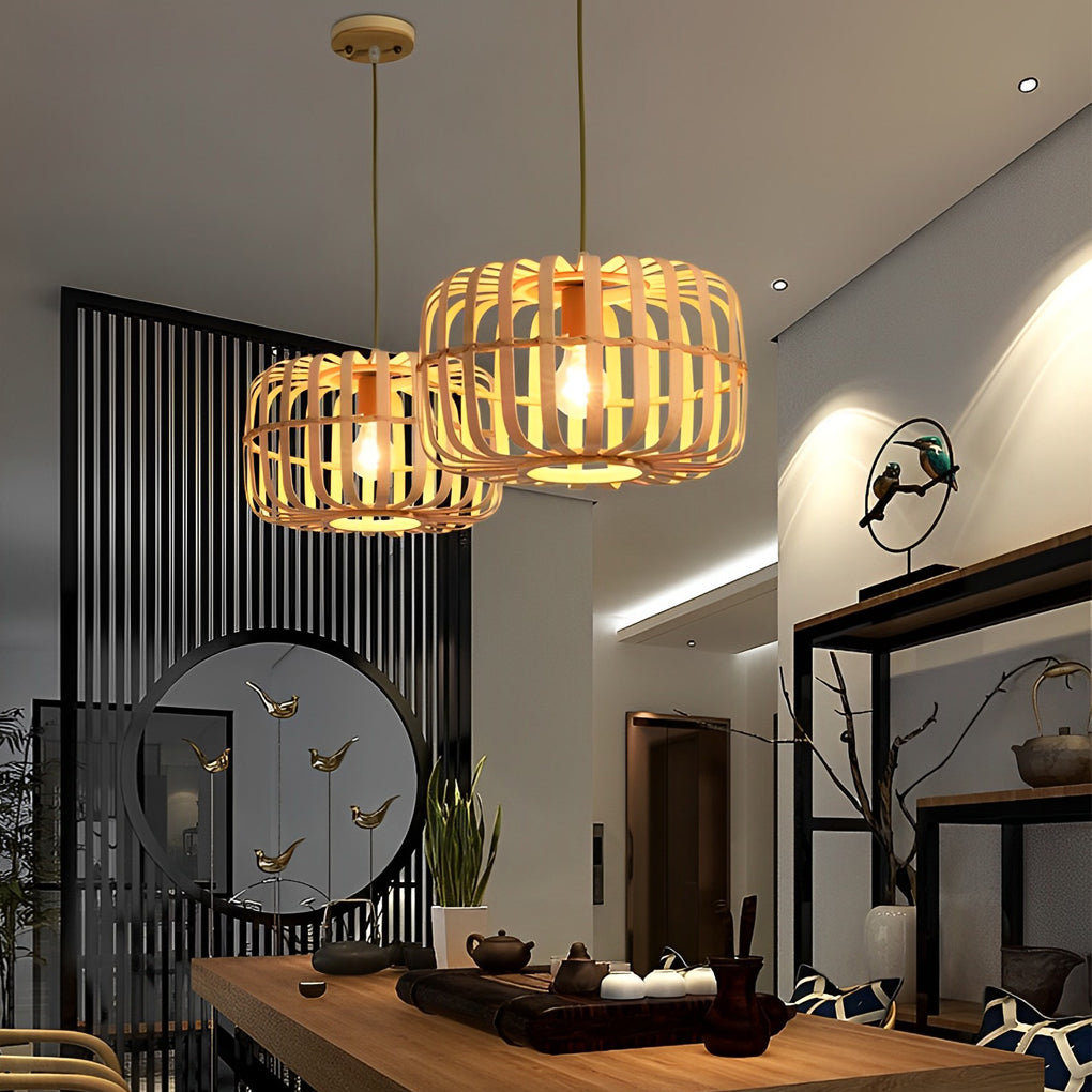 Circular Rectangle Bird Cage Pendant Light Burlywood Bamboo Ceiling Lights - Lamp Outdoor