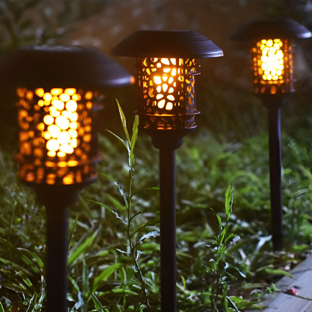 Waterproof Round Hollow LED Flame Flickering Modern Solar Lawn Lights - Dazuma
