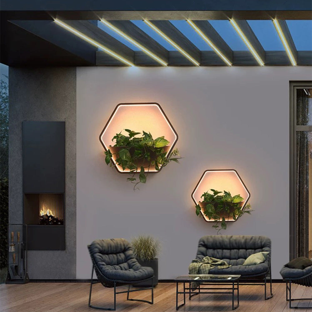 Ray Minimalist Hexagonal Ring With Shelf Metal Outdoor Wall Lamp - Lamp Outdoor