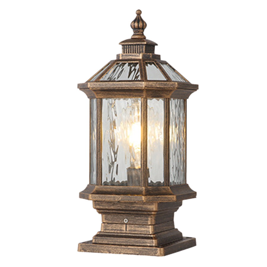 Vintage-style bronze post lantern with seeded glass and traditional architectural detailing