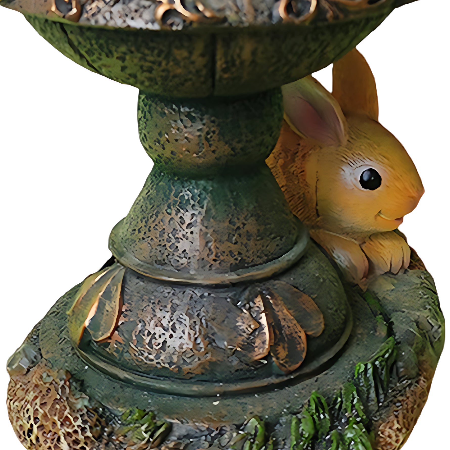 Detailed view of rabbit fountain base showing textured stonework and realistic animal figurine craftsmanship