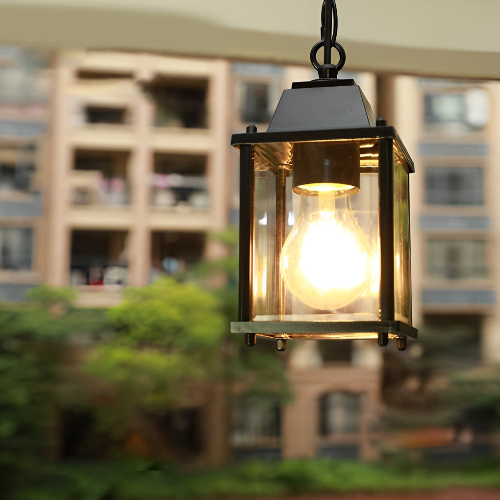 Small Square Waterproof Glass Black Modern Outdoor Pendant Lights - Dazuma