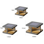 Technical specification diagram showing three different sizes of modern cube-shaped outdoor lights with dimensions