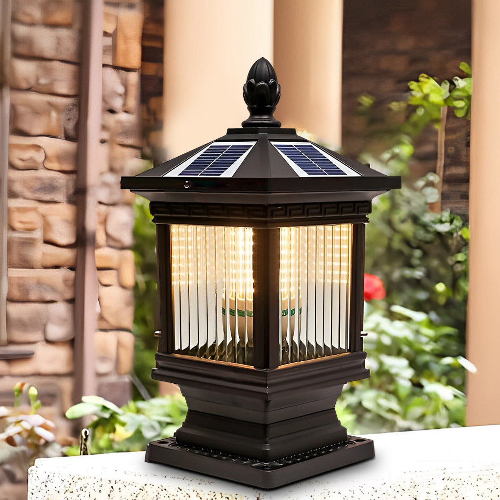Vintage Grille Glass Shade Waterproof Retro Solar Fence Post Lights - Dazuma
