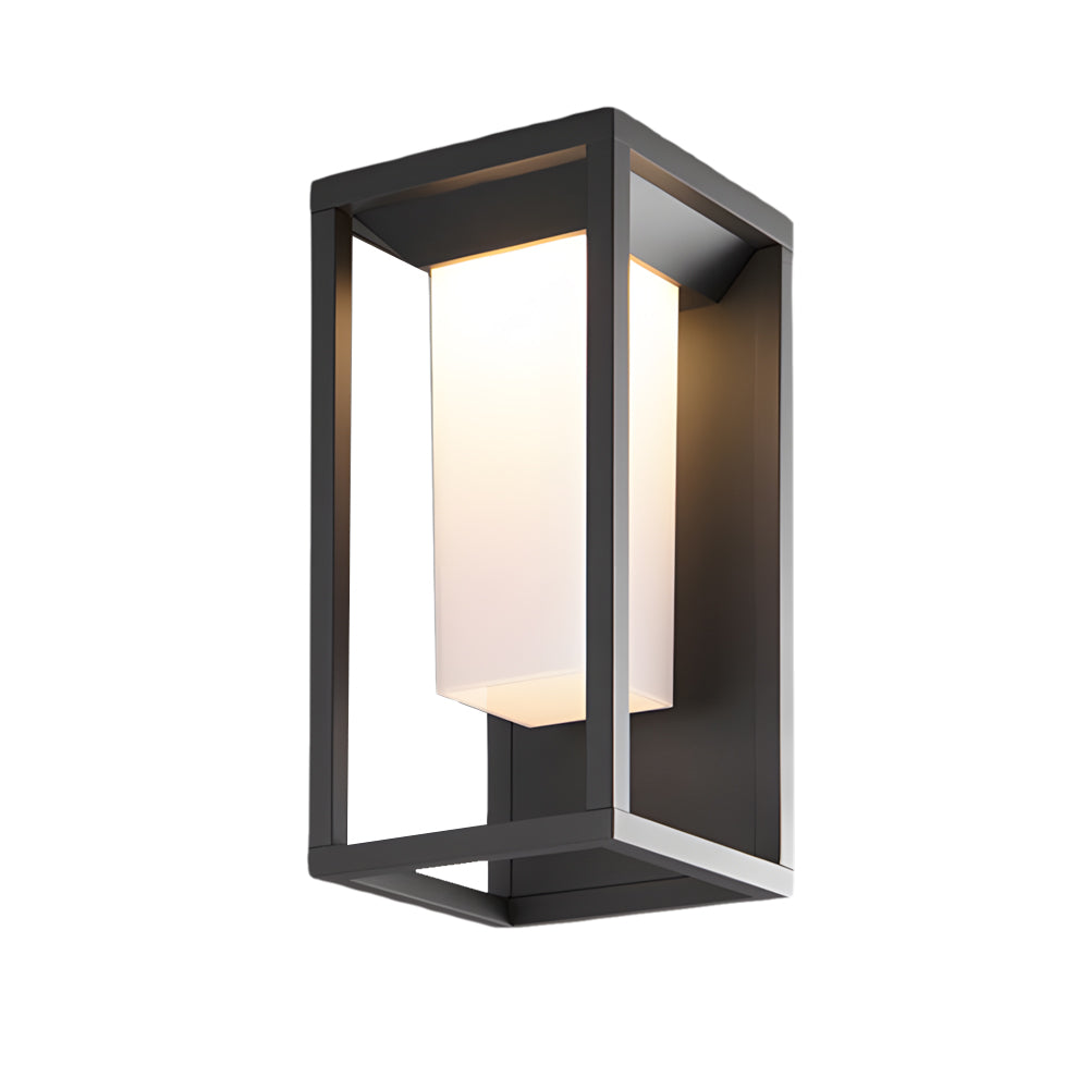 Modern rectangular outdoor wall light with black frame and frosted glass panel displayed against white background