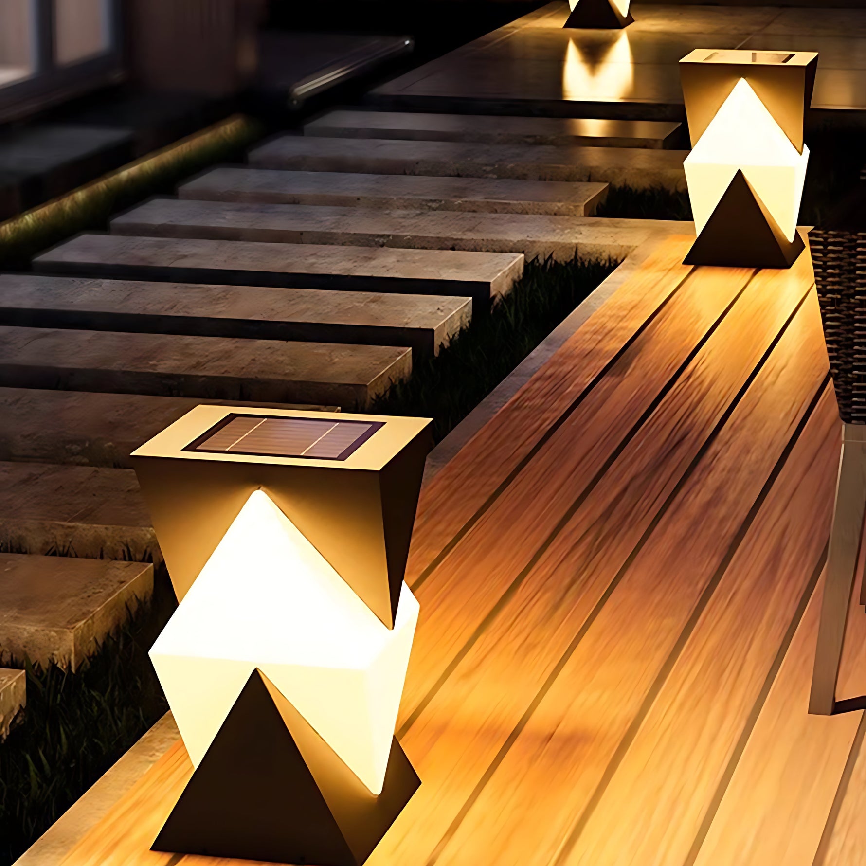 Modern angular post light with geometric V-shaped design creating dramatic upward and downward illumination