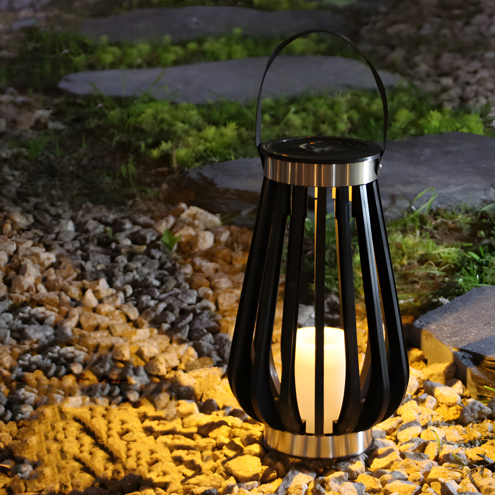 Garden pathway lantern positioned among decorative stones and natural landscaping