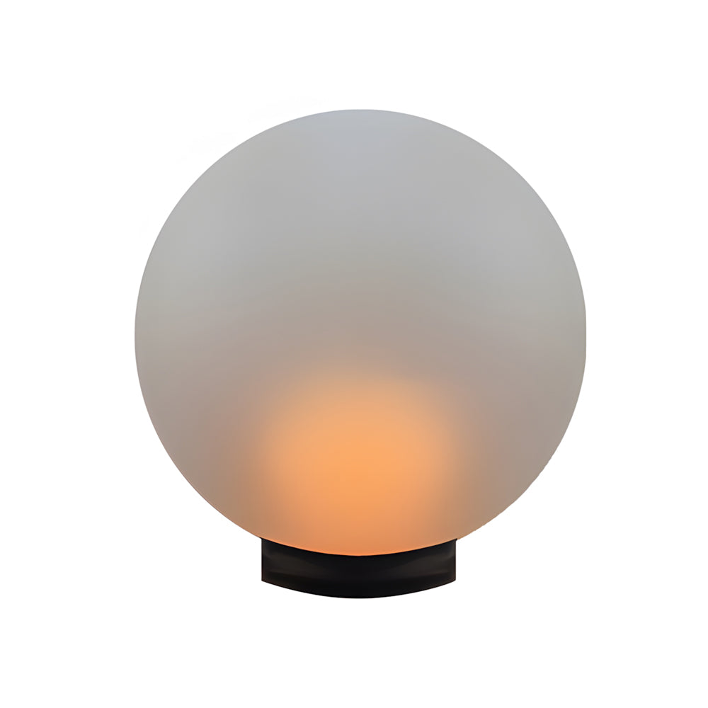 Modern spherical LED light with frosted white globe and warm amber glow on black base