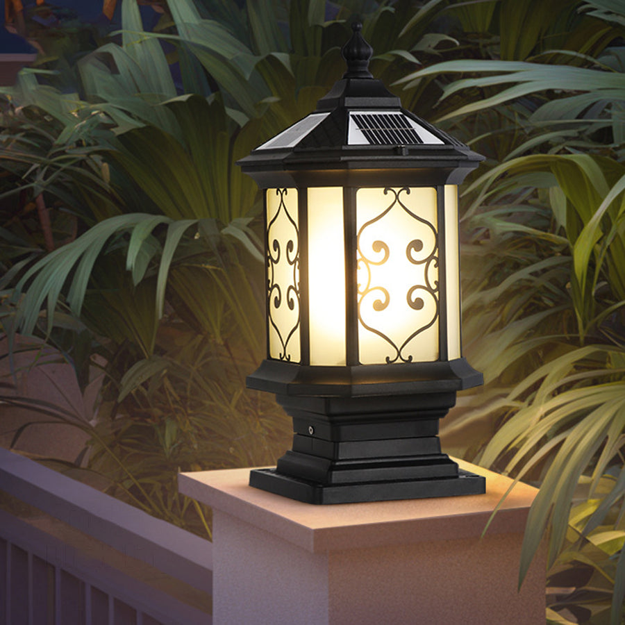 Classic outdoor lantern with swirled glass pattern and traditional black metal construction
