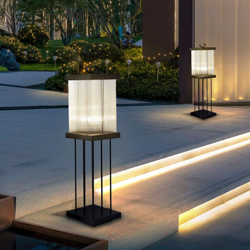Portable Solar Lantern in Square Rippled Glass Design with Waterproof Black Finish