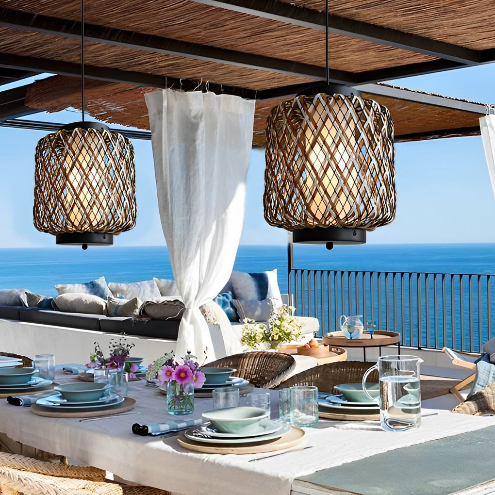 Lantern Shape Rattan Iron Waterproof Modern Outdoor Chandelier Pendant Lights - Dazuma