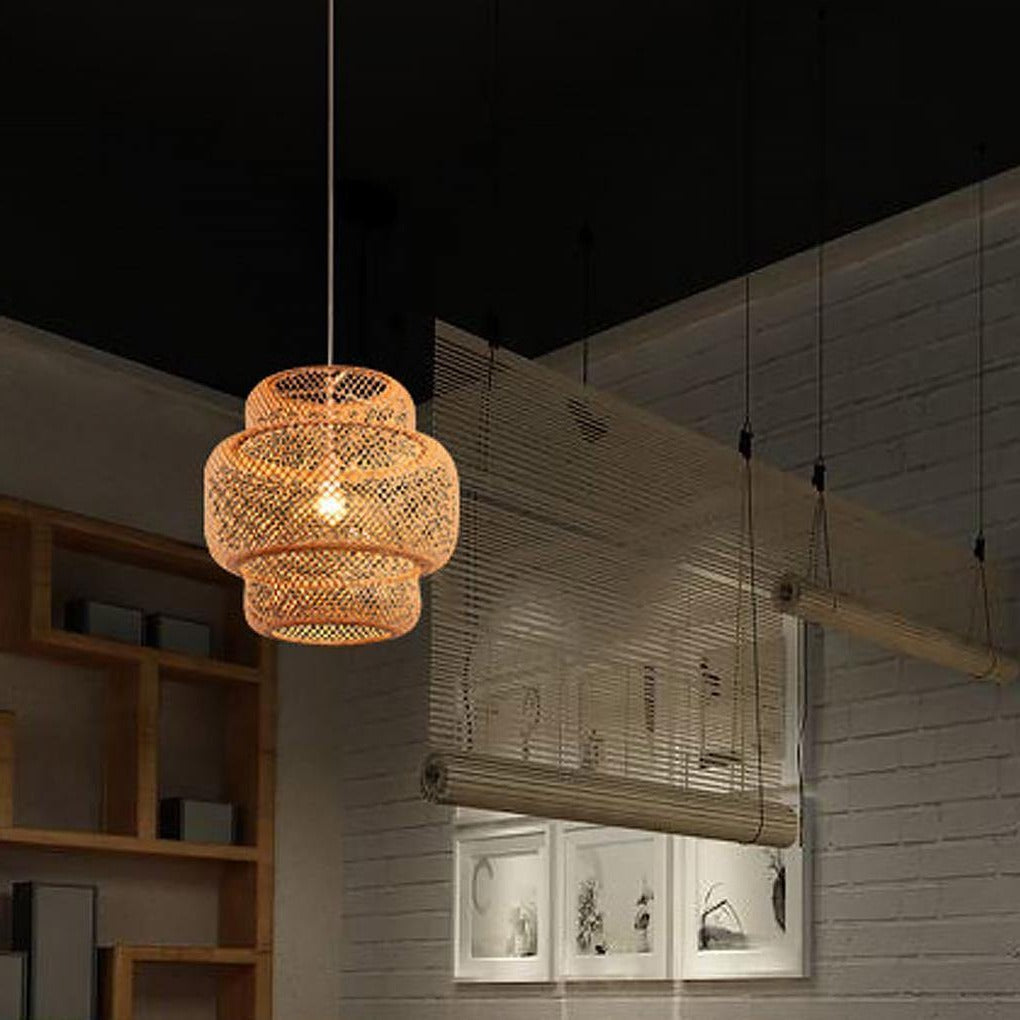 3-Tiered Rustic Bamboo Woven Pendant Light Living Room Lighting Ideasing 1-Light Single Cylinder Pendant - Lamp Outdoor