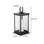 Technical specification diagram showing exact dimensions and measurements of rectangular outdoor lantern