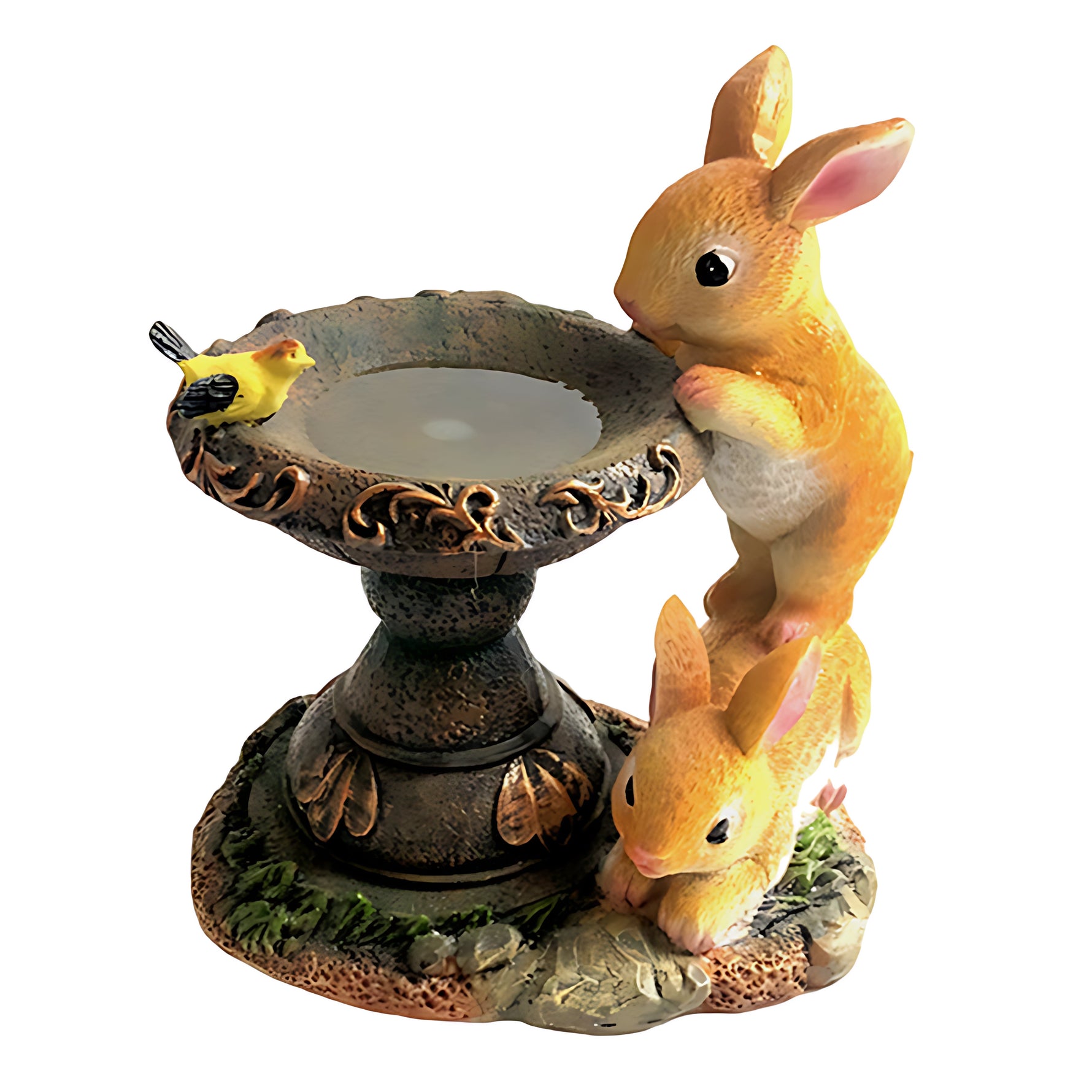 Orange bunny rabbit figurine positioned beside ornate water fountain with decorative basin