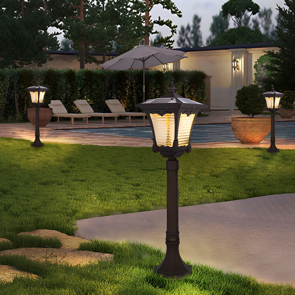 Ornate Top Vintage Solar LED Lawn Lamp in Elegant Coffee Gold Finish - Lamp Outdoor