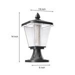 Technical specification drawing showing dimensions and measurements for outdoor post light fixture
