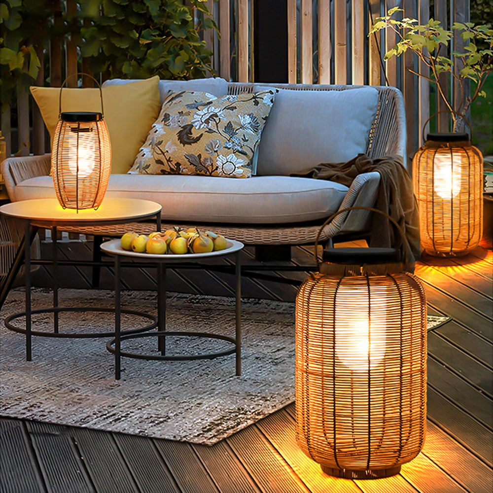 Ritta Retro Lantern Metal/Rattan Floor Lamp, Wood Color - Lamp Outdoor