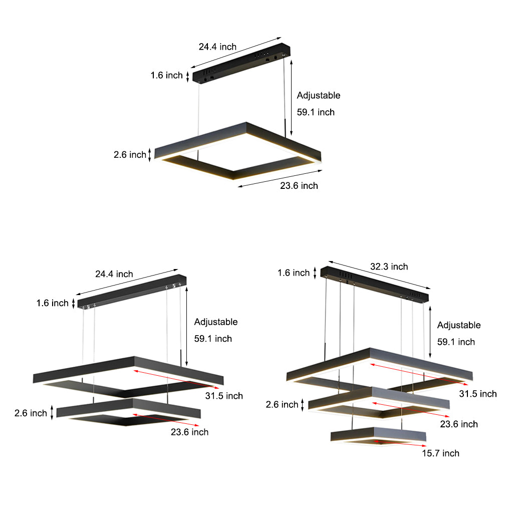 3 Layers Square Stepless Dimming LED Black Modern Chandelier with Remote Control - Lamp Outdoor