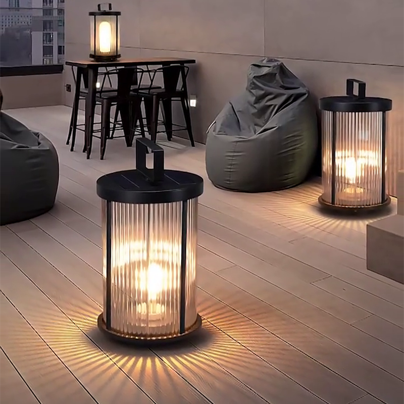 Striped Glass Cylindrical Waterproof Portable Solar Outdoor Lanterns - Dazuma