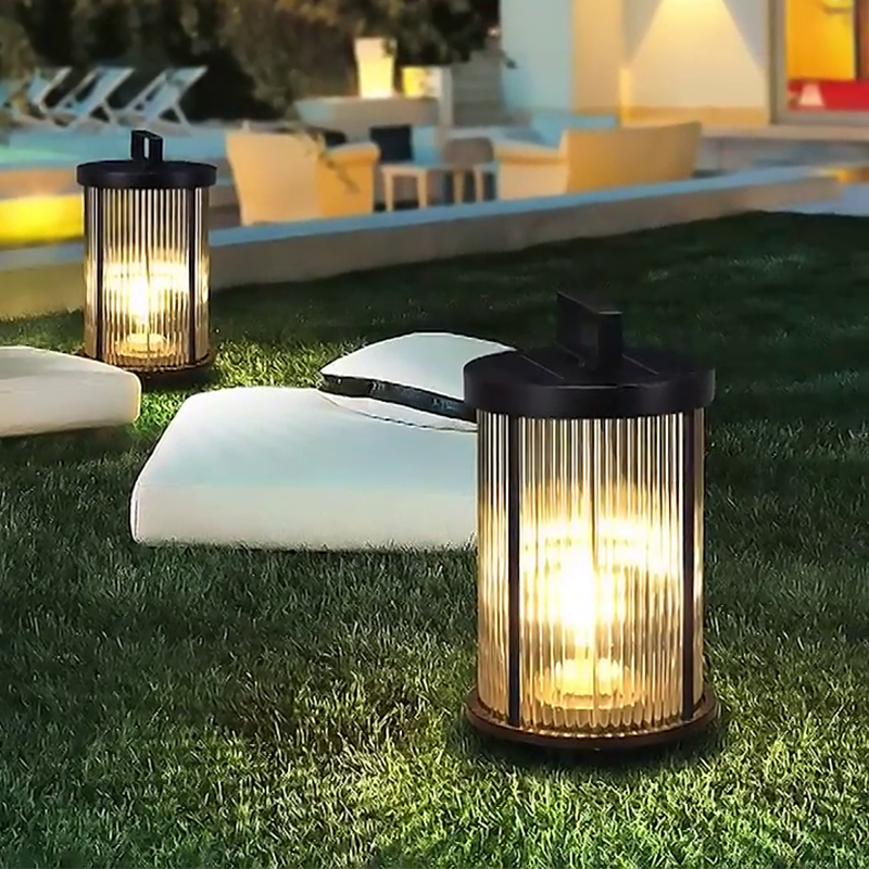 Striped Glass Cylindrical Waterproof Portable Solar Outdoor Lanterns - Dazuma