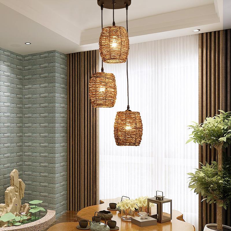 3 Piece Set of Transparent Burlywood Wicker Pendant Light Living Room Light - Lamp Outdoor