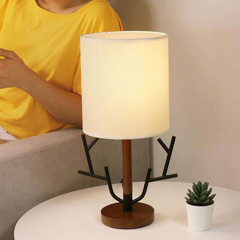 16 inch Vintage Rustic Tree Branch US Plug Table Lamp with Fabric Drum Shade - Lamp Outdoor