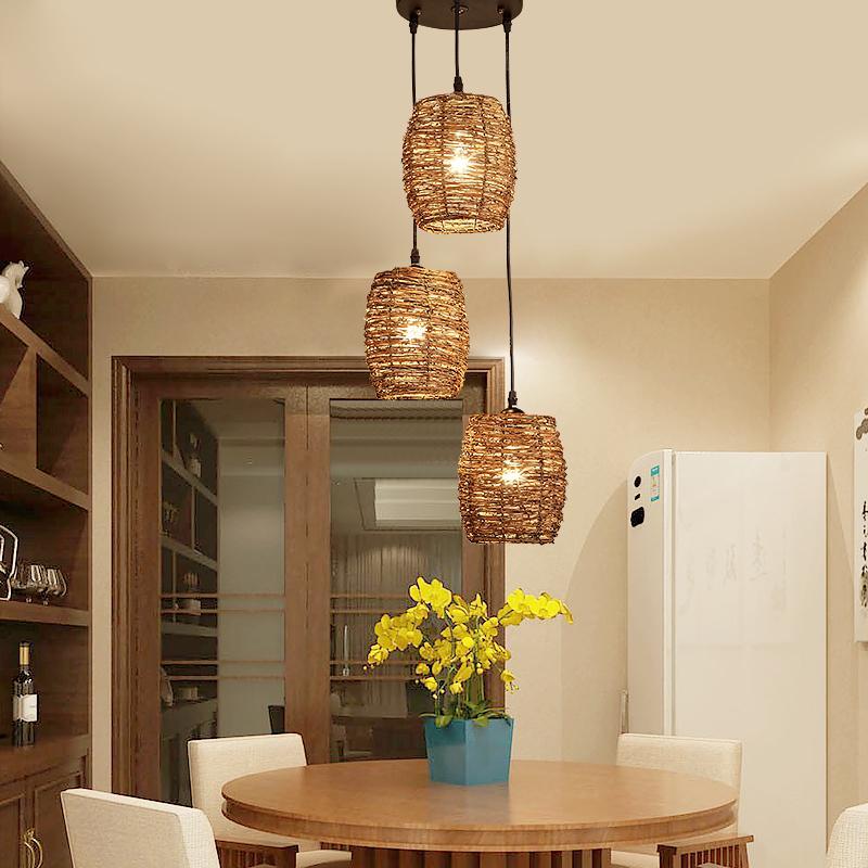 3 Piece Set of Transparent Burlywood Wicker Pendant Light Living Room Light - Lamp Outdoor
