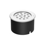 Modern in-ground light fixture with prismatic lens and metal housing for landscape accent lighting