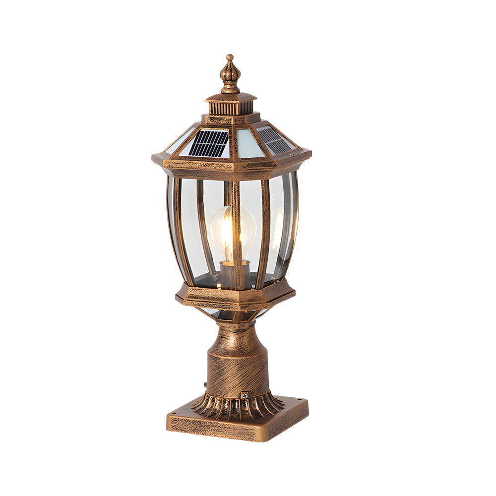 Antique-style bronze column lamp with curved glass panels and ornamental base detailing