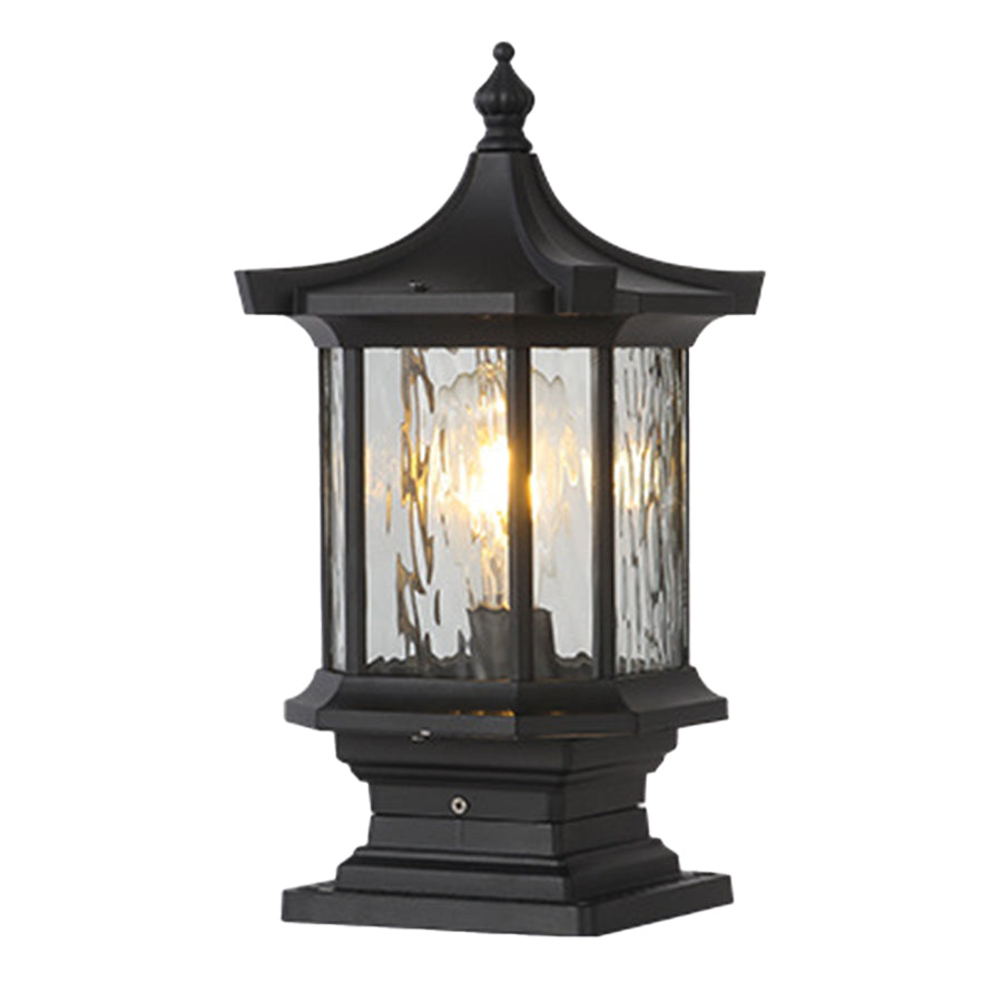 Traditional black post lantern with clear glass panels and classic pagoda-style roof design
