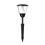 Black solar garden light with clear lantern top and ground stake for outdoor landscape lighting