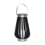 Black metal solar lantern with vertical slat design and chrome handle for outdoor use