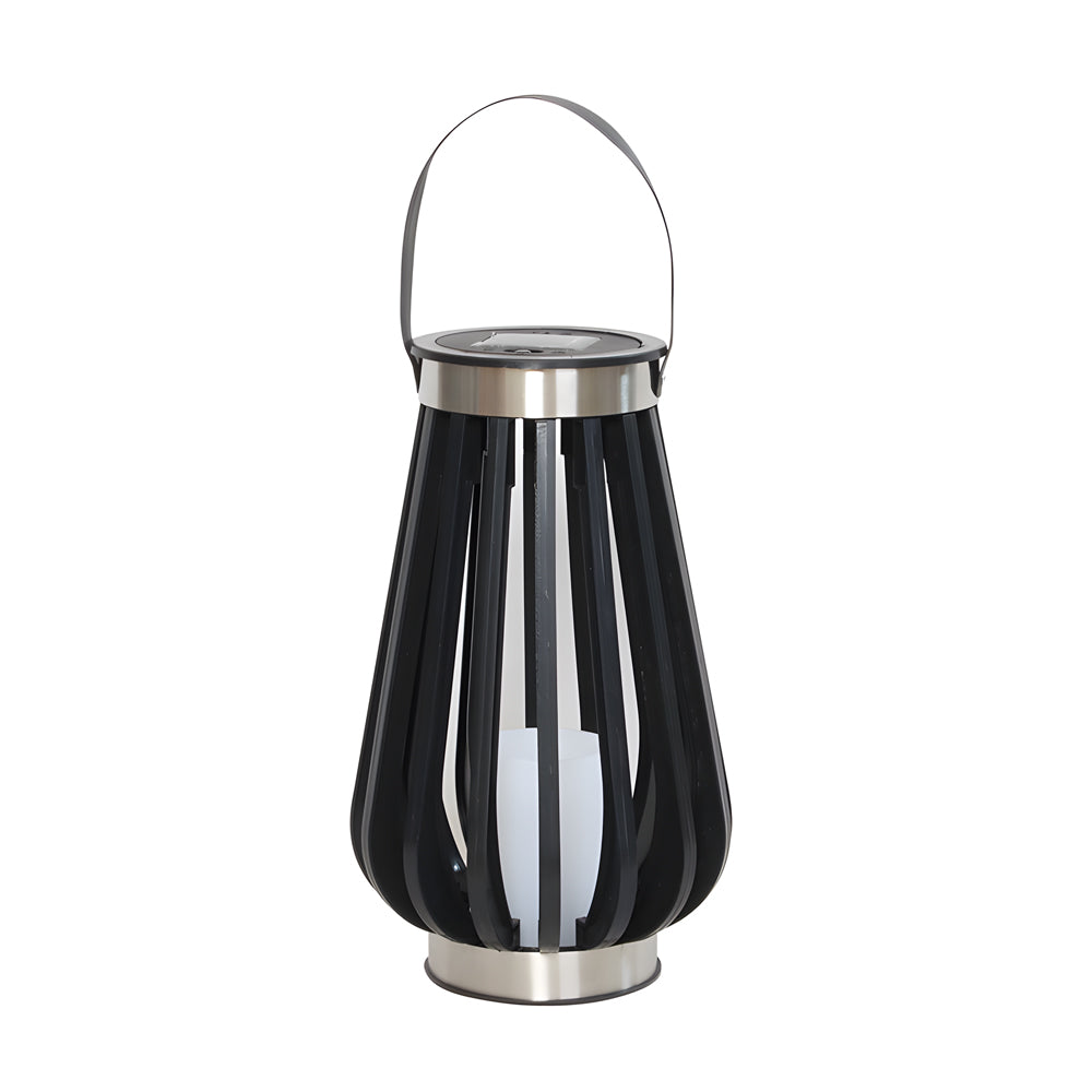 Black metal solar lantern with vertical slat design and chrome handle for outdoor use
