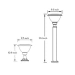 Technical drawing with measurements and profile view of decorative bowl-style outdoor light