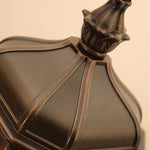 Close-up detail of bronze lamp base showing ornate decorative metalwork and craftsmanship