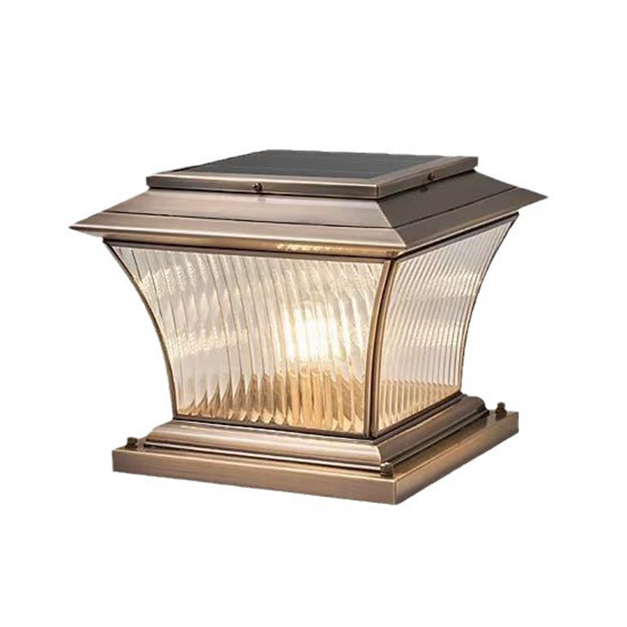 Elegant bronze post light with fluted glass shade and traditional stepped base design
