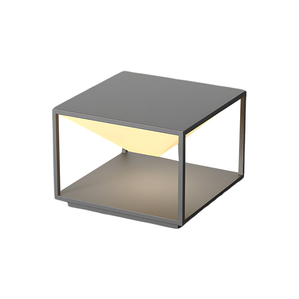 Modern cubic outdoor light fixture with solar panel top and warm LED strip illumination