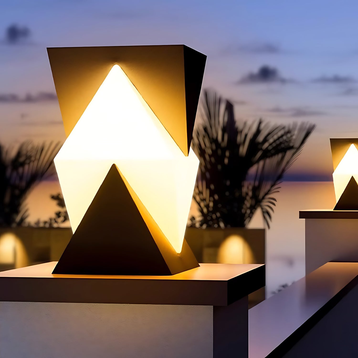 Modern angular post light with geometric V-shaped design creating dramatic upward and downward illumination