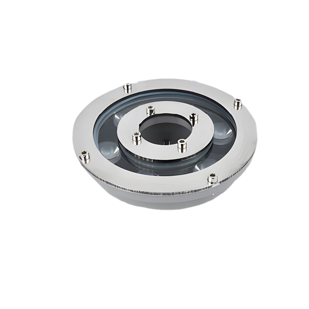 Circular underwater LED light fixture with stainless steel housing and central mounting hole