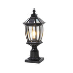 Classic black post lantern with hexagonal glass panels and vintage-style metal framework design